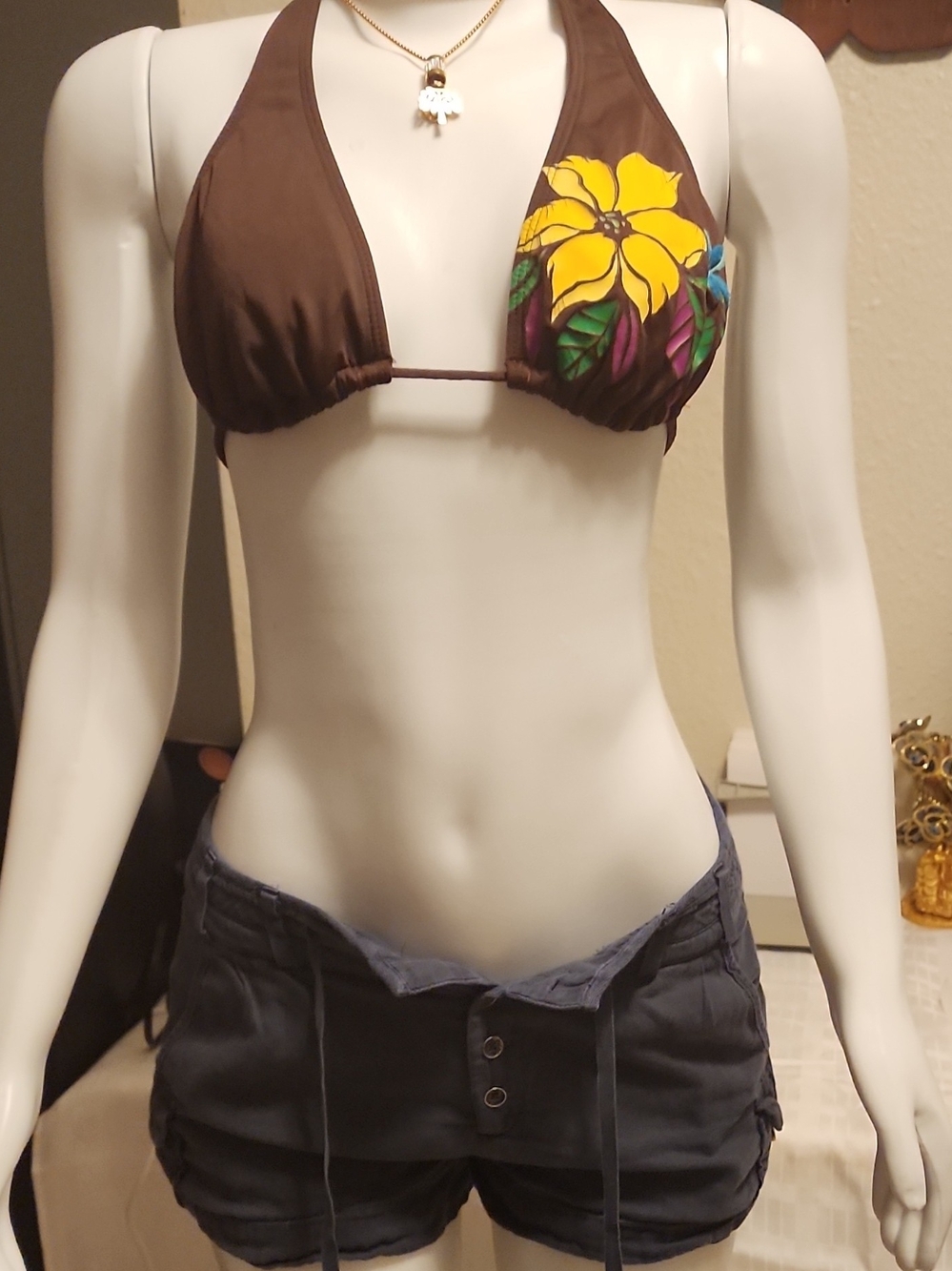 Raisins Brown Halter Bikini Top with Yellow Floral Accent
